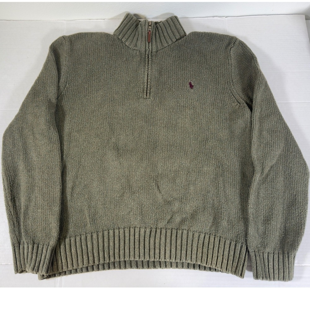 Polo Ralph Lauren Quarter Zip Sweater Mens XL Olive Green Ribbed Cotton Pullover
